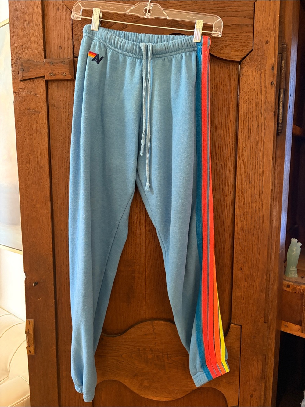 Aviator Nation Light Blue Sweatpants with Rainbow Side Stripes sz small